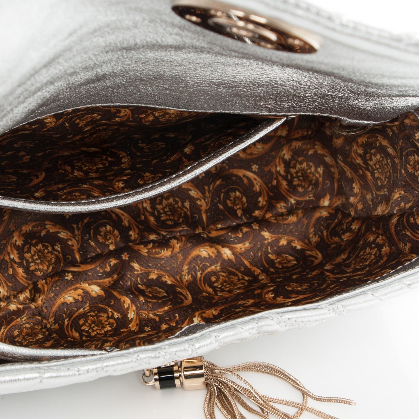 Metallic Nappa Barocco Quilted Calliope Vanitas Shoulder Bag Silver