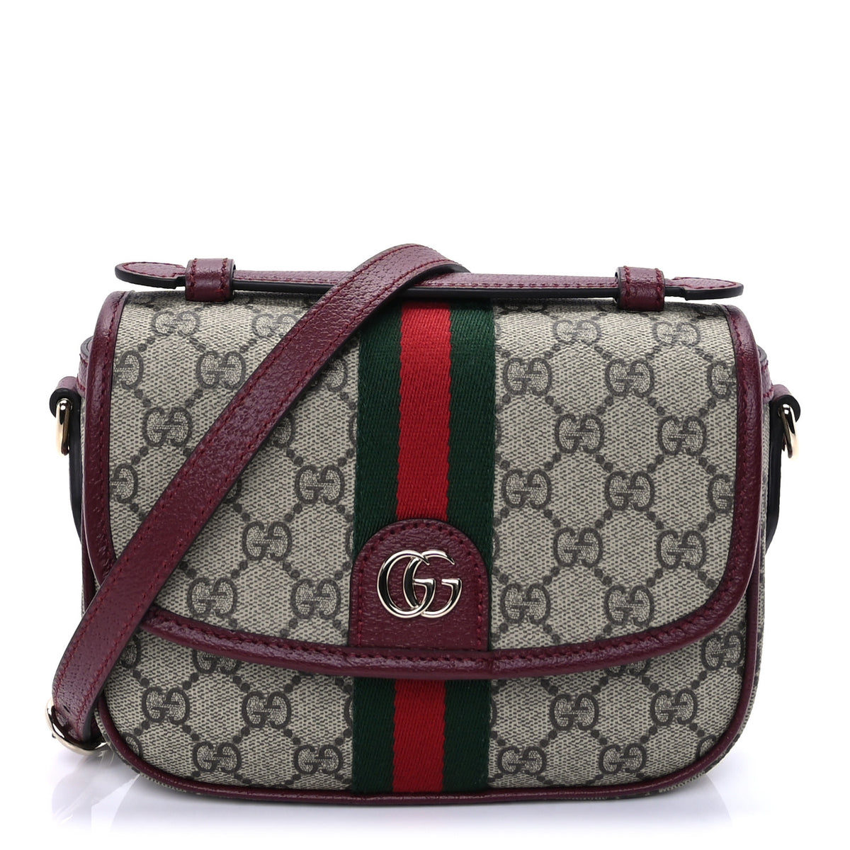 GG Supreme Monogram Textured Dollar Calfskin Small Ophidia Top Handle Shoulder Bag Beige Bordeaux