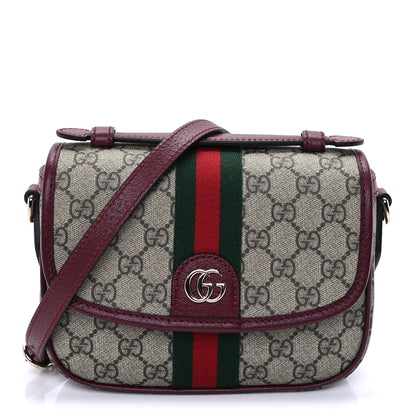 Gucci GG Supreme Monogram Textured Dollar Calfskin Small Ophidia Top Handle Shoulder Bag Beige Bordeaux 1 of 8