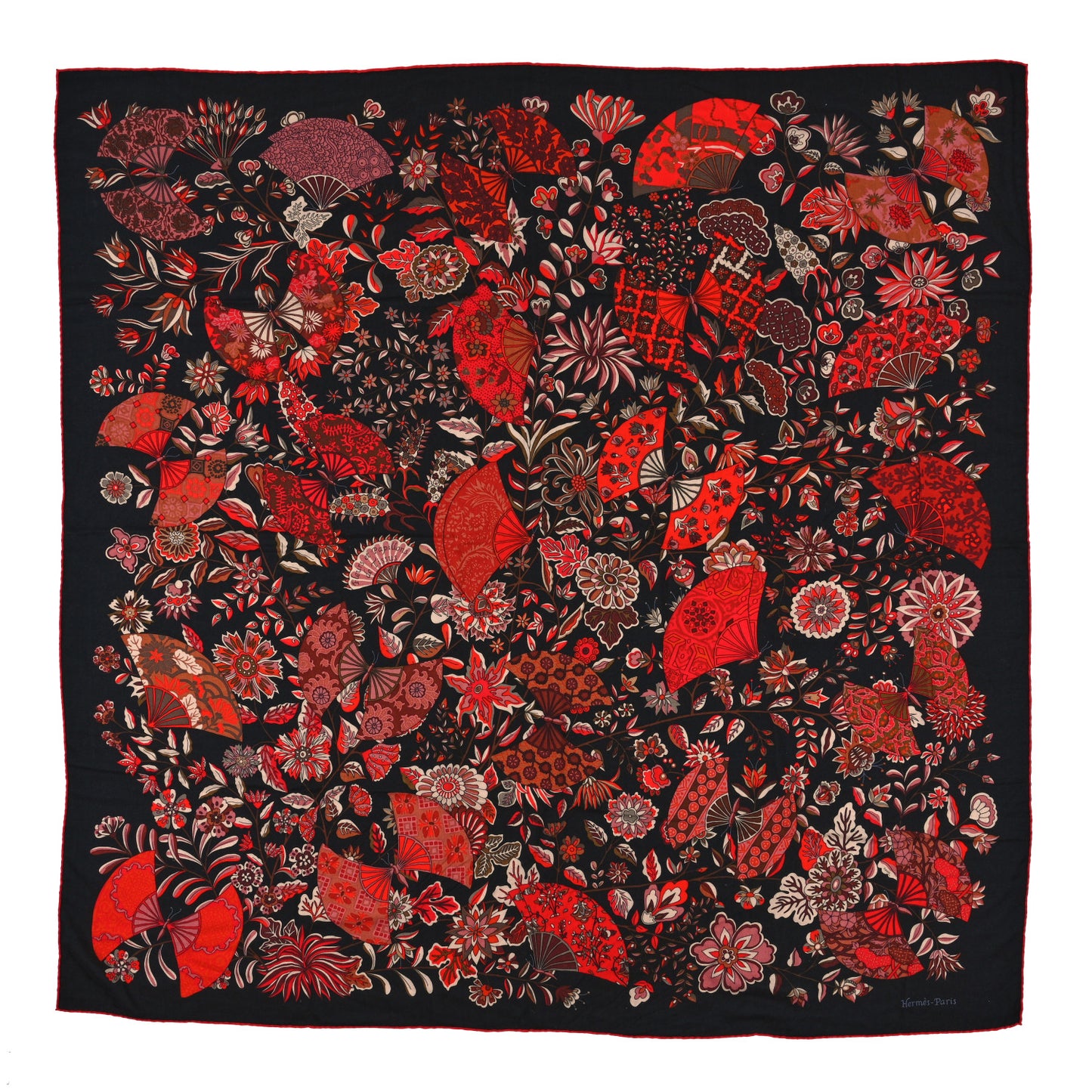 Cashmere Silk Fleurs et Papillons de Tissus Scarf 140 Black Rouge Brun
