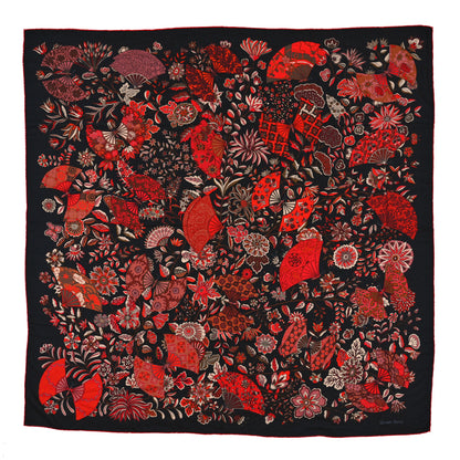 Hermes Cashmere Silk Fleurs et Papillons de Tissus Scarf 140 Black Rouge Brun 1 of 4