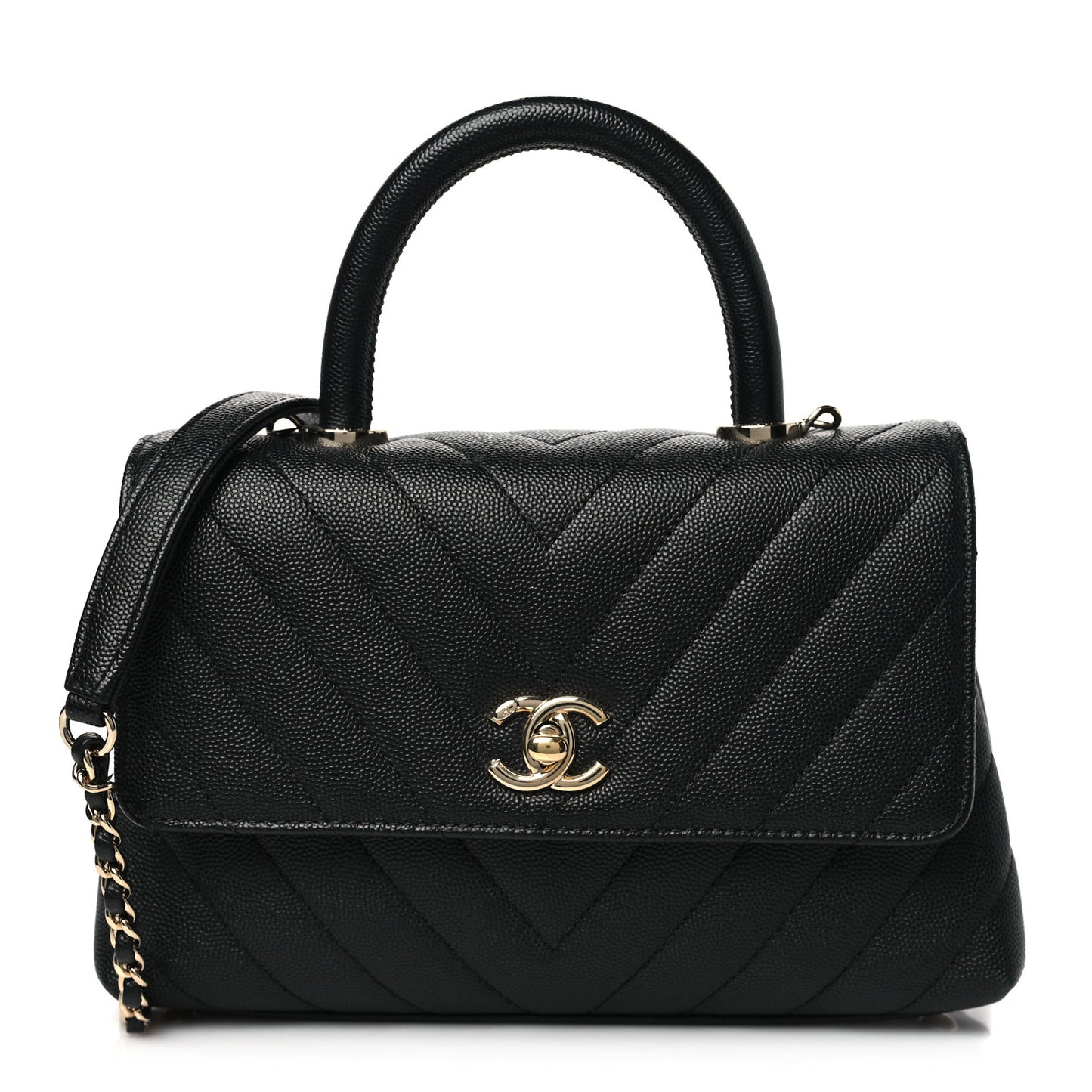 Caviar Chevron Quilted Mini Coco Handle Flap Black