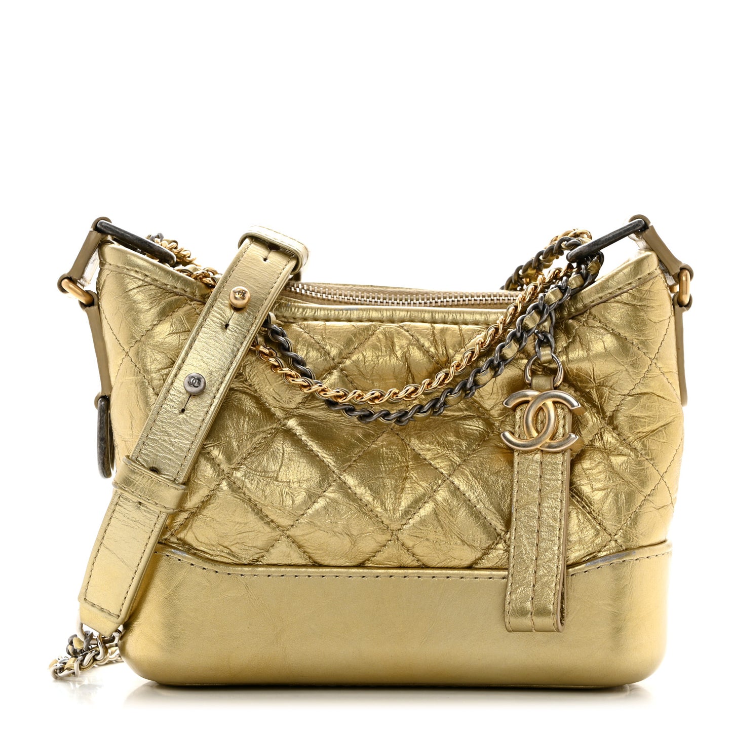 Metallic Aged Calfskin Quilted Small Gabrielle Hobo Gold