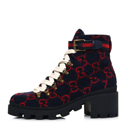 Gucci Covered Wool Big GG Monogram Womens Lace Up Combat Ankle Boots 38.5 Blue Red 1 of 9