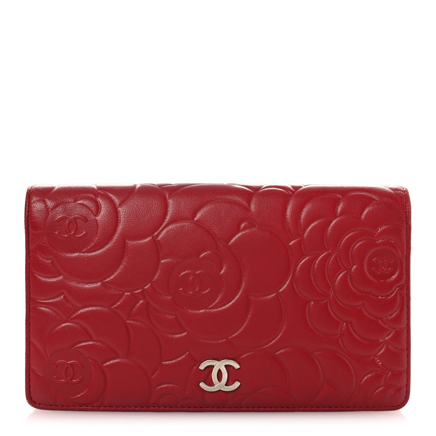 Chanel Lambskin Camellia Embossed Yen Wallet Dark Red 1 of 9