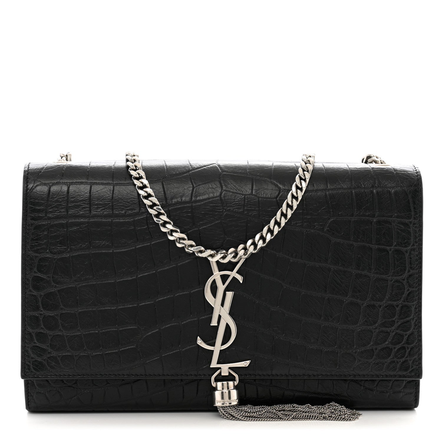 Saint Laurent Calfskin Crocodile Embossed Medium Classic Monogram Kate Tassel Satchel Black 1 of 7