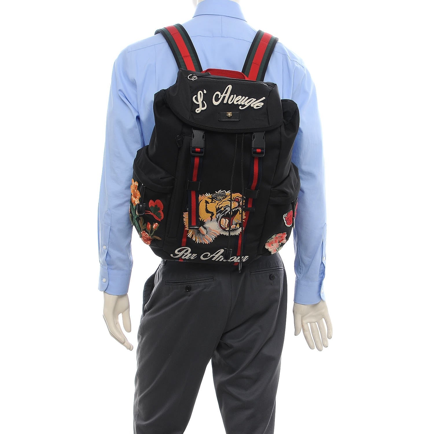 Gucci Techno Canvas Web L'Aveugle Par Amour Embroidered Double Buckle Backpack Black 2 of 10