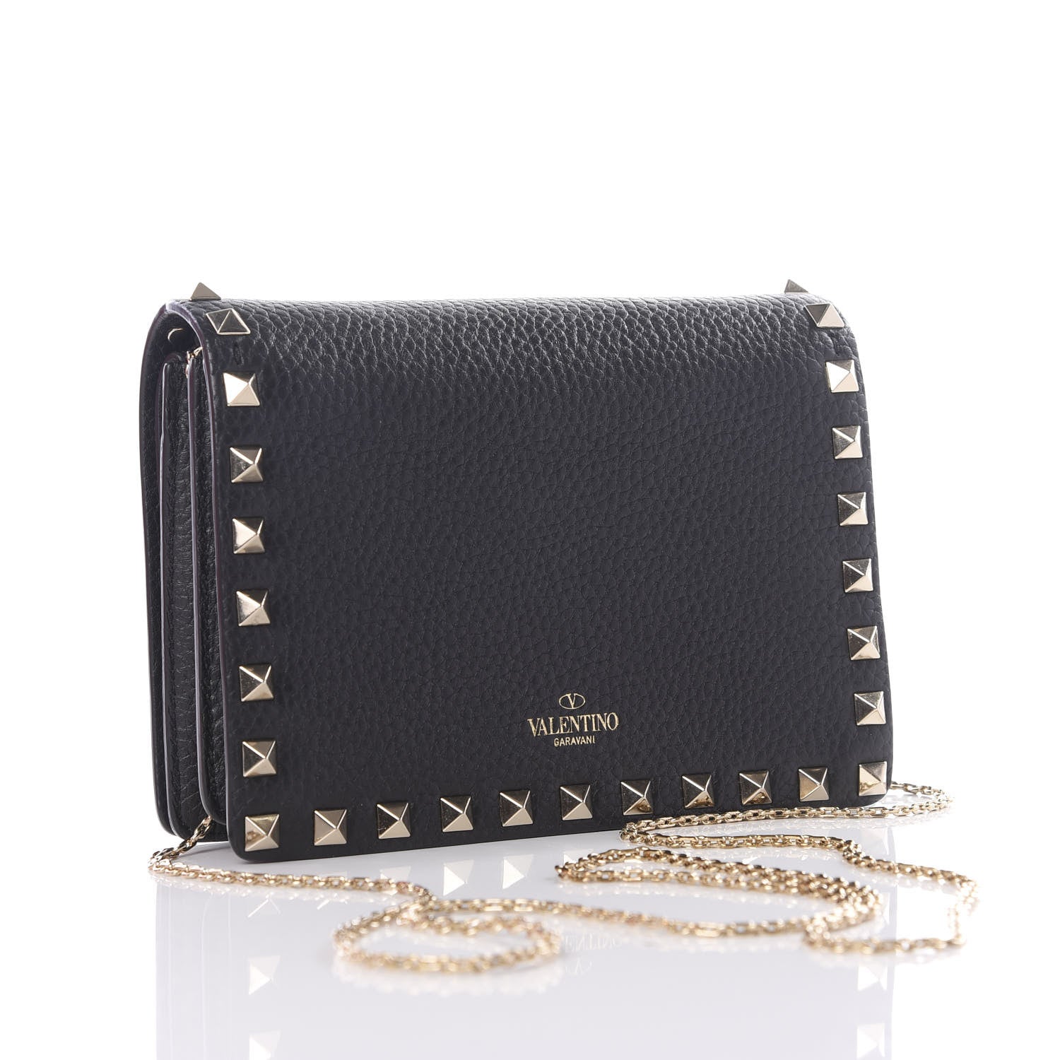 Valentino Garavani Pebbled Calfskin Rockstud Wallet on Chain Black 2 of 10