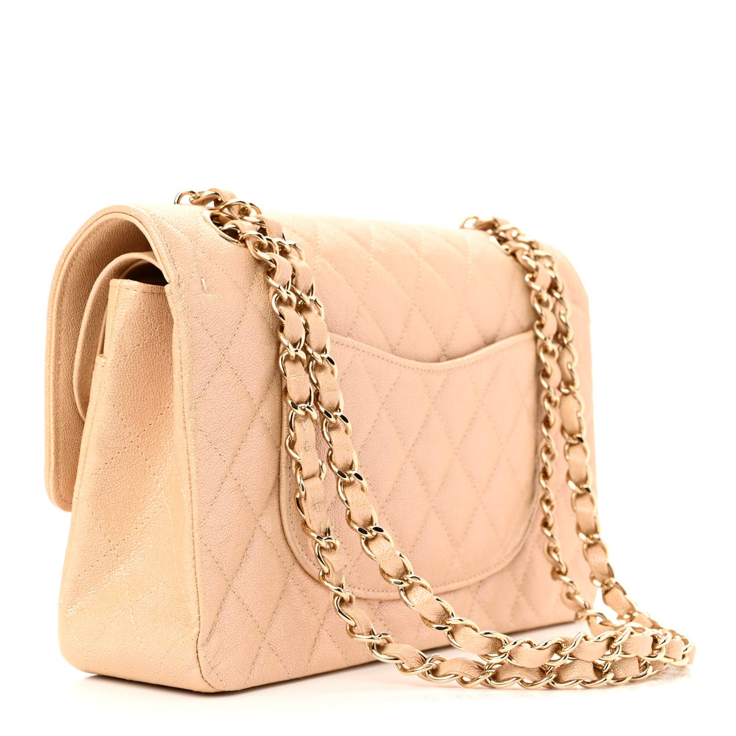 Iridescent Caviar Quilted Medium Double Flap Beige