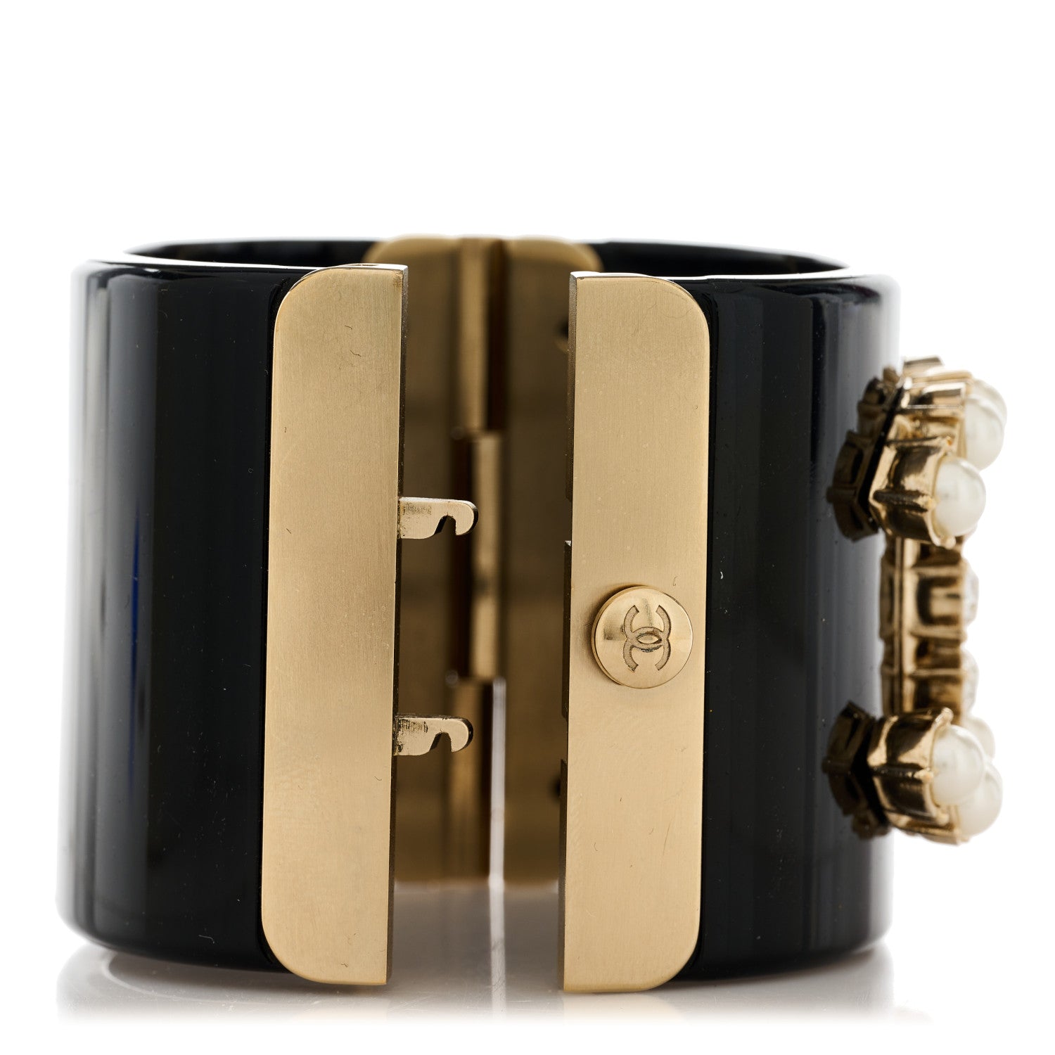 Chanel Resin Crystal Pearl Dazzling Domino CC Cuff Bracelet Black 4 of 5