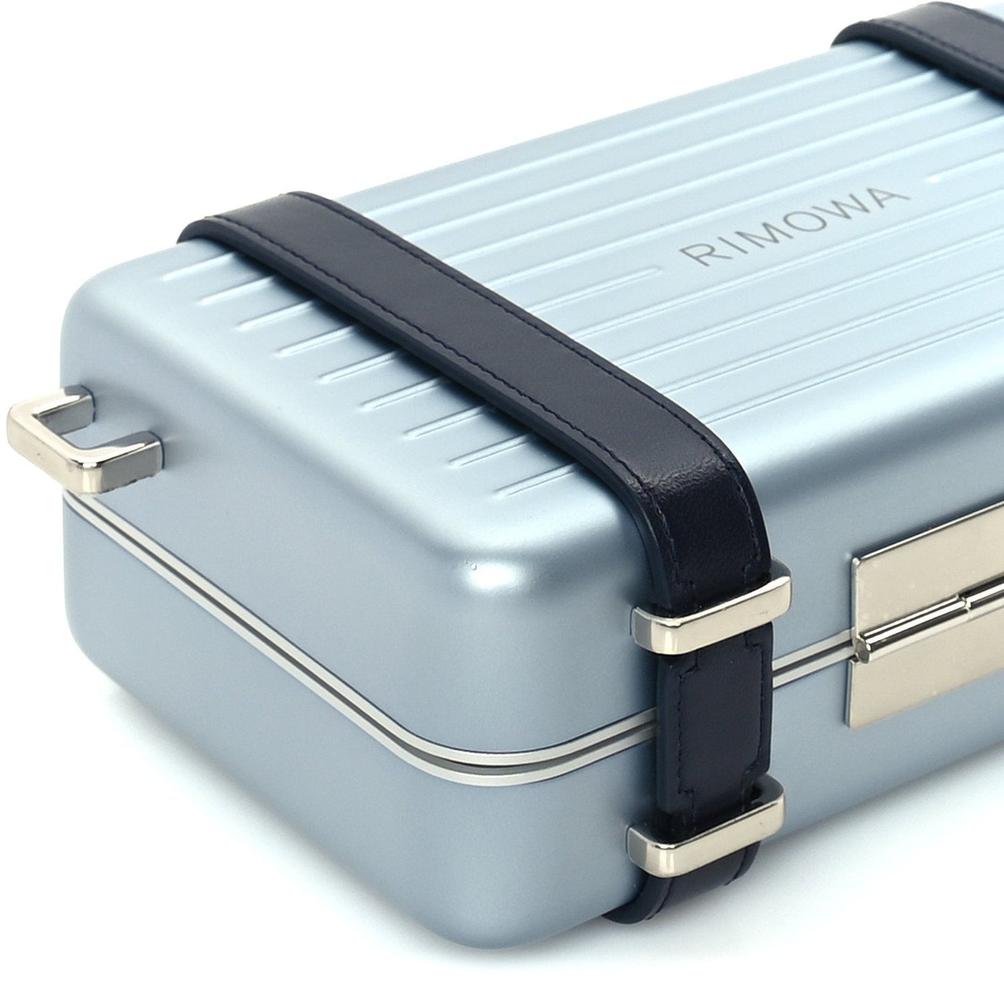 X RIMOWA Aluminum Personal Clutch On Strap  Bleu