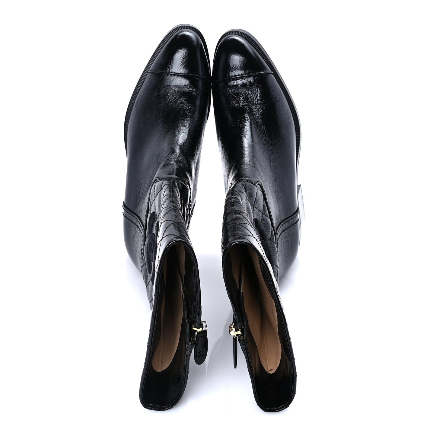 Shiny Crumpled Calfskin Quilted CC High Boots 37.5 Black