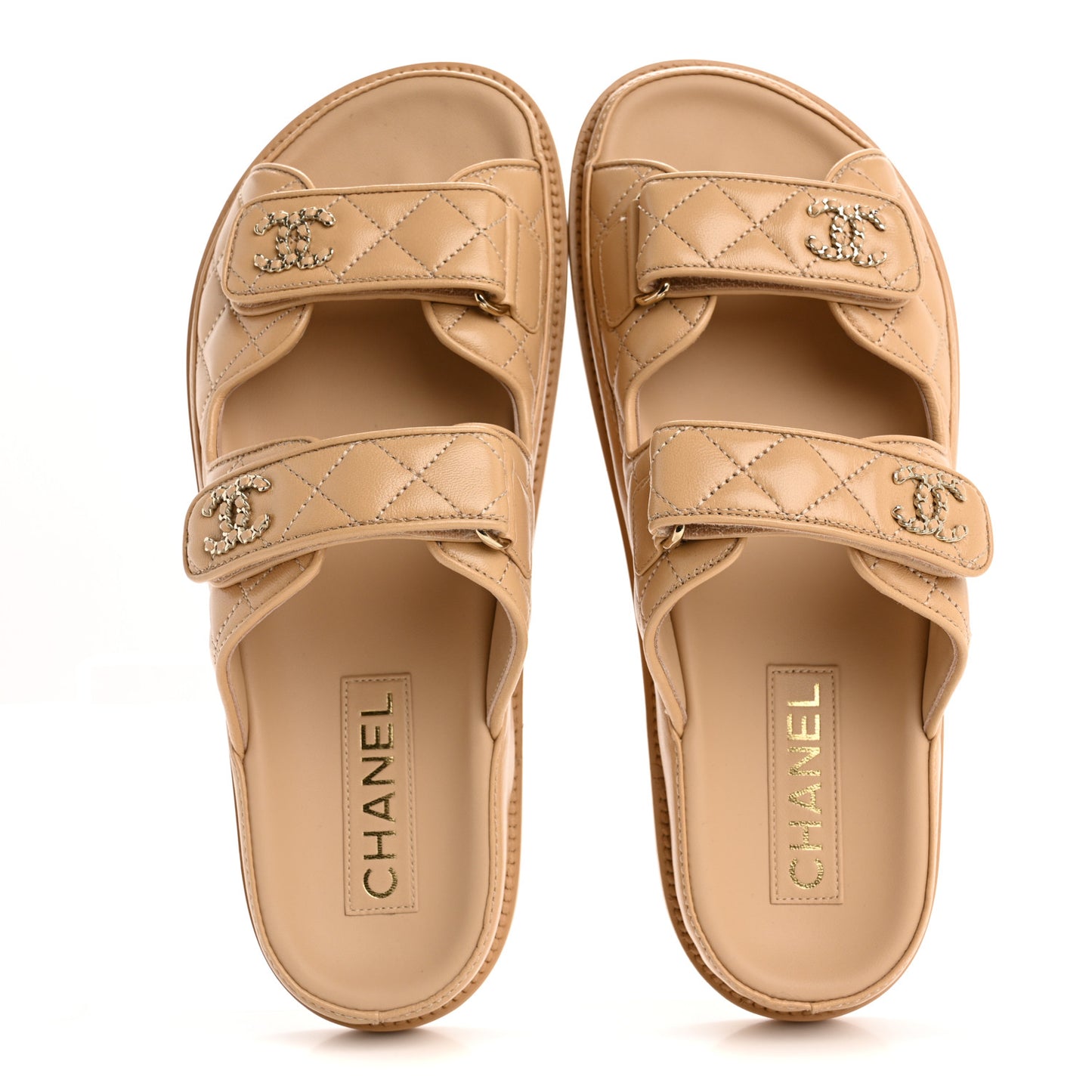Lambskin Quilted Velcro Dad Chain CC Slide Sandals 39 Beige