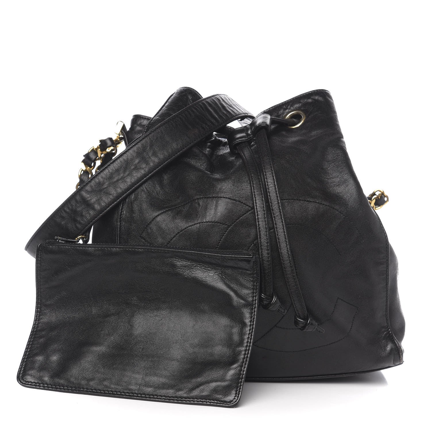 Chanel Lambskin CC Stitched Drawstring Bucket Bag Black 1 of 13