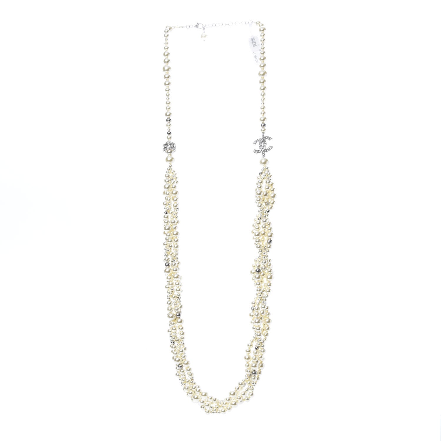 Chanel Crystal Pearl CC Braided Necklace Silver Pearly White 3 of 6