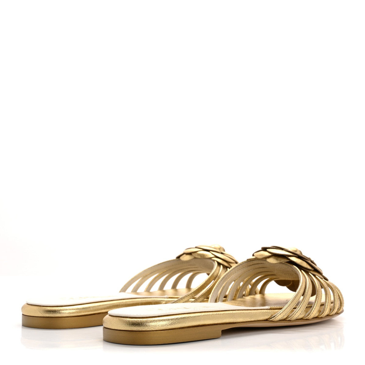 Laminated Lambskin Camellia CC Slide Sandals 36 Gold