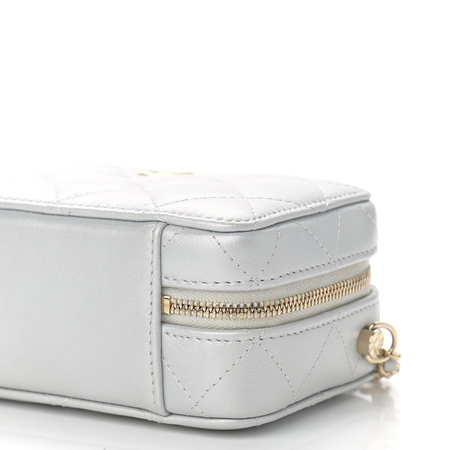 Metallic Lambskin Quilted Top Handle Vanity Case Silver