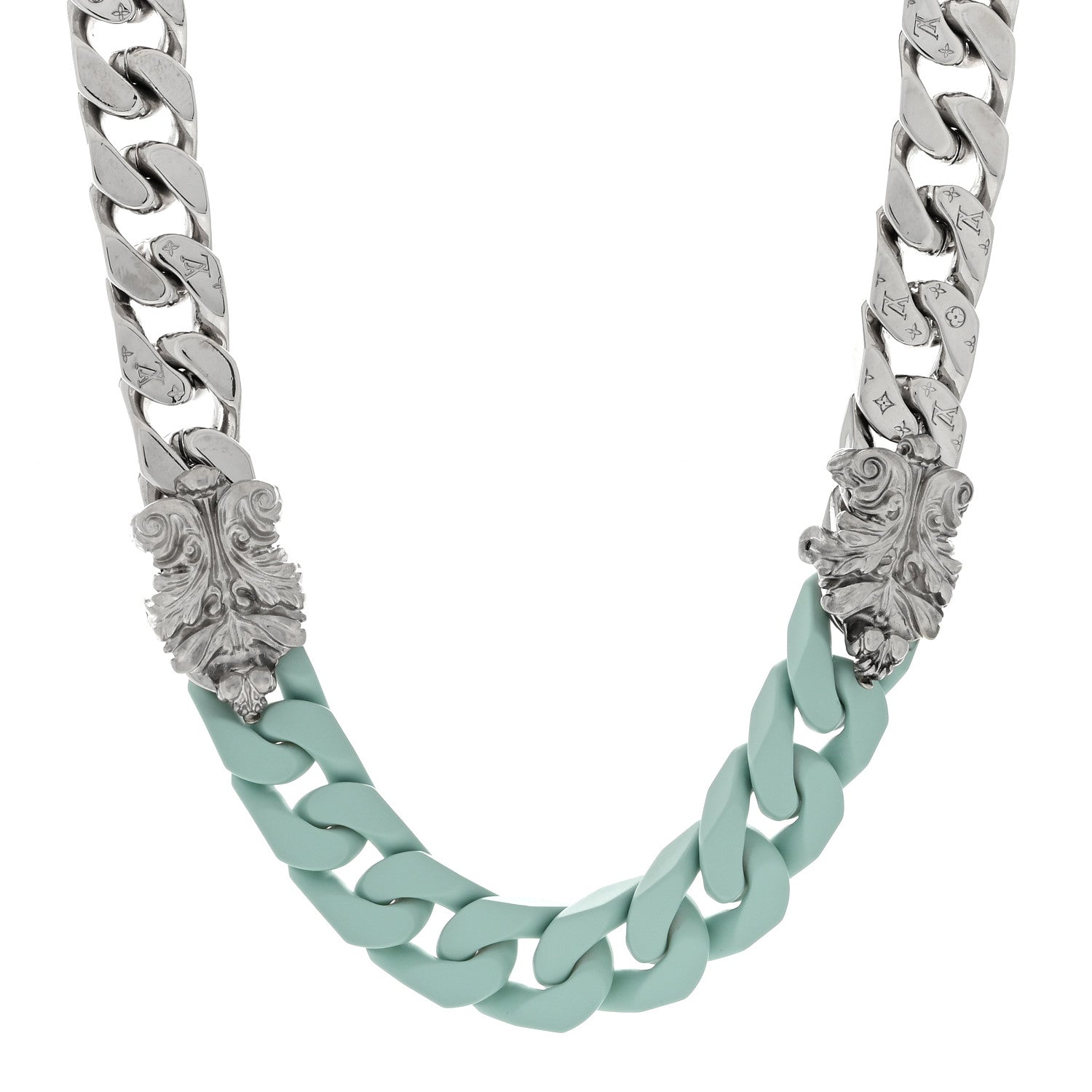 Louis Vuitton Metal Ceramic LV Sculpture Necklace Silver Blue 1 of 3