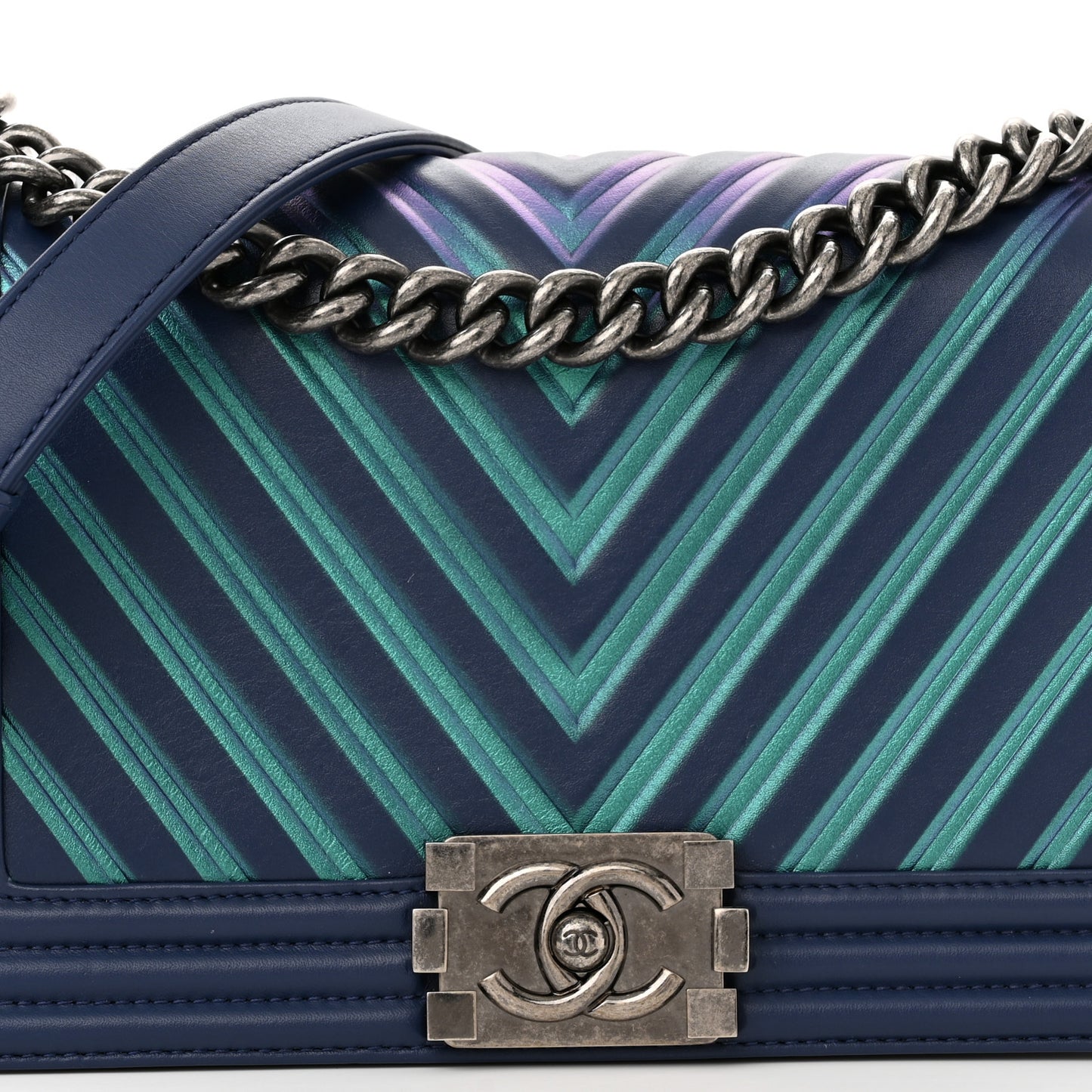 Calfskin Painted Chevron Embossed Medium Boy Flap Navy