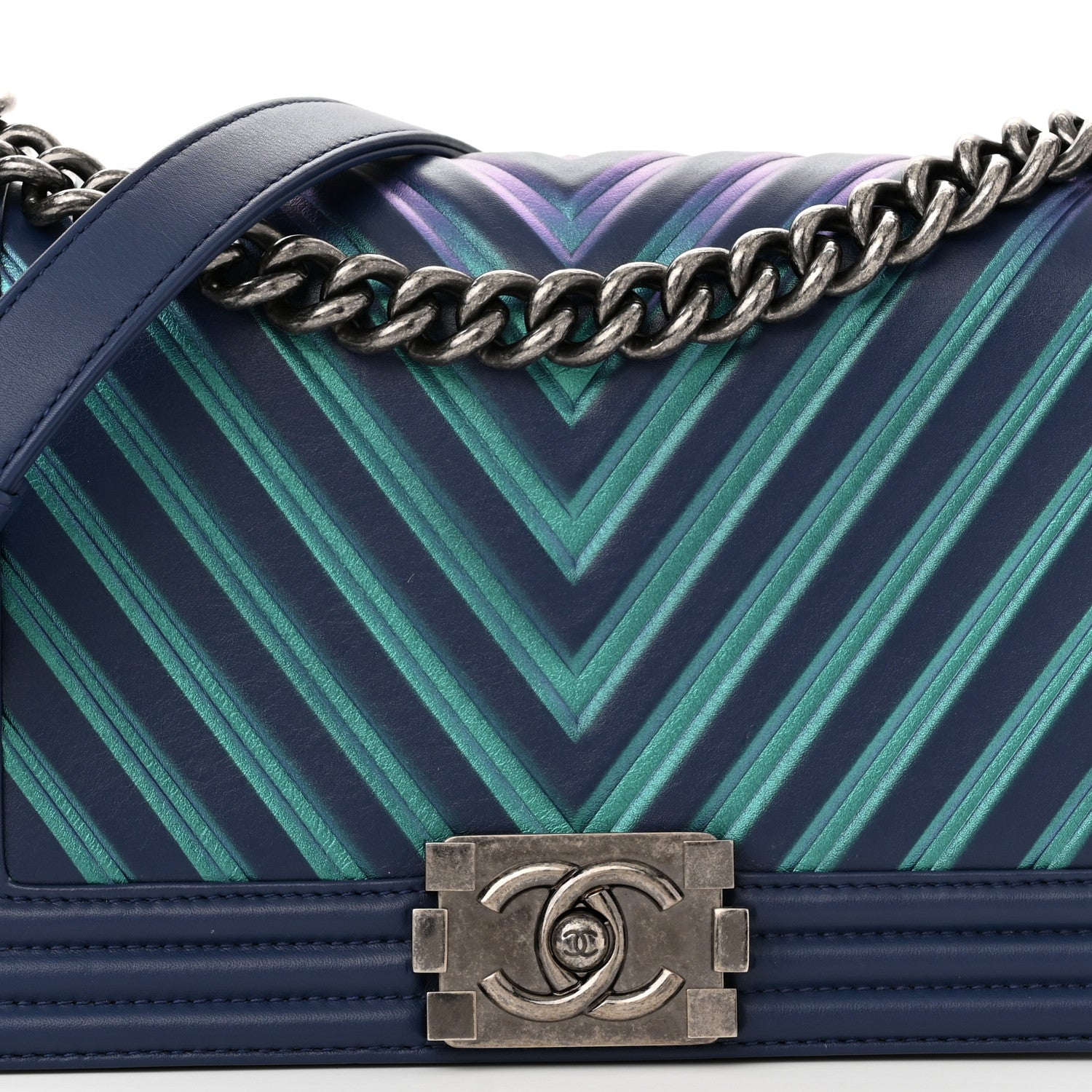 Chanel Calfskin Painted Chevron Embossed Medium Boy Flap Navy 8 of 11
