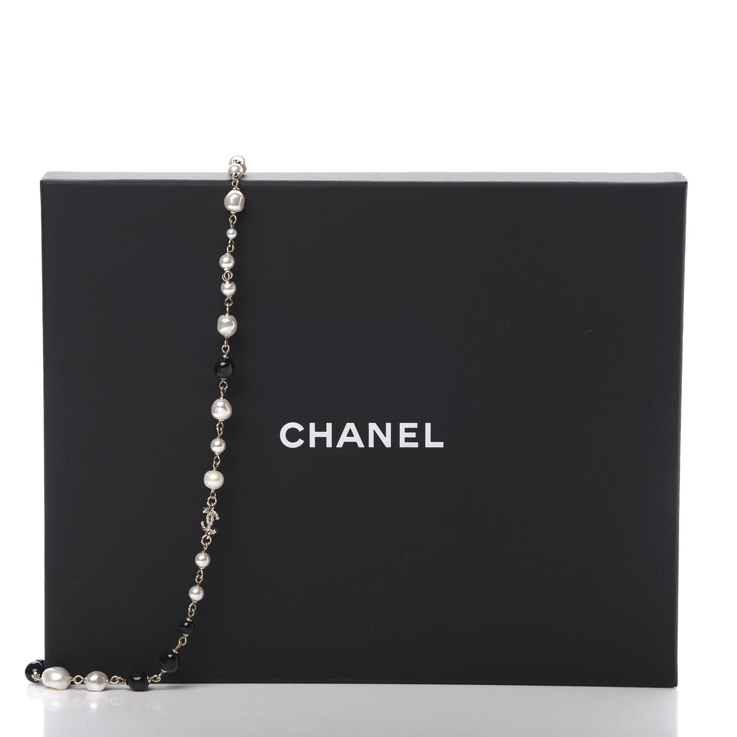 Pearl Beaded Crystal CC Long Necklace Gold Black White