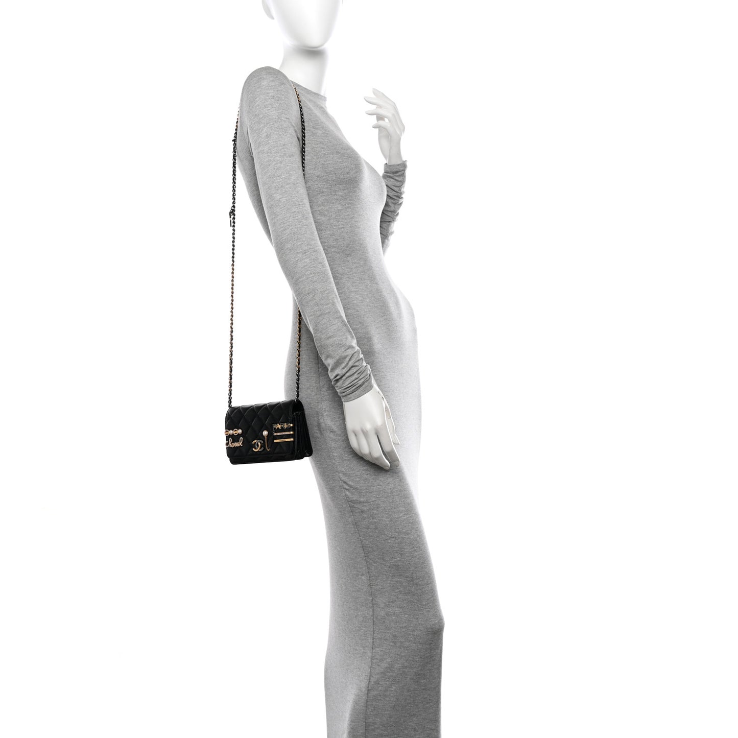 Lambskin Quilted Coco Clips Mini Wallet On Chain WOC Black