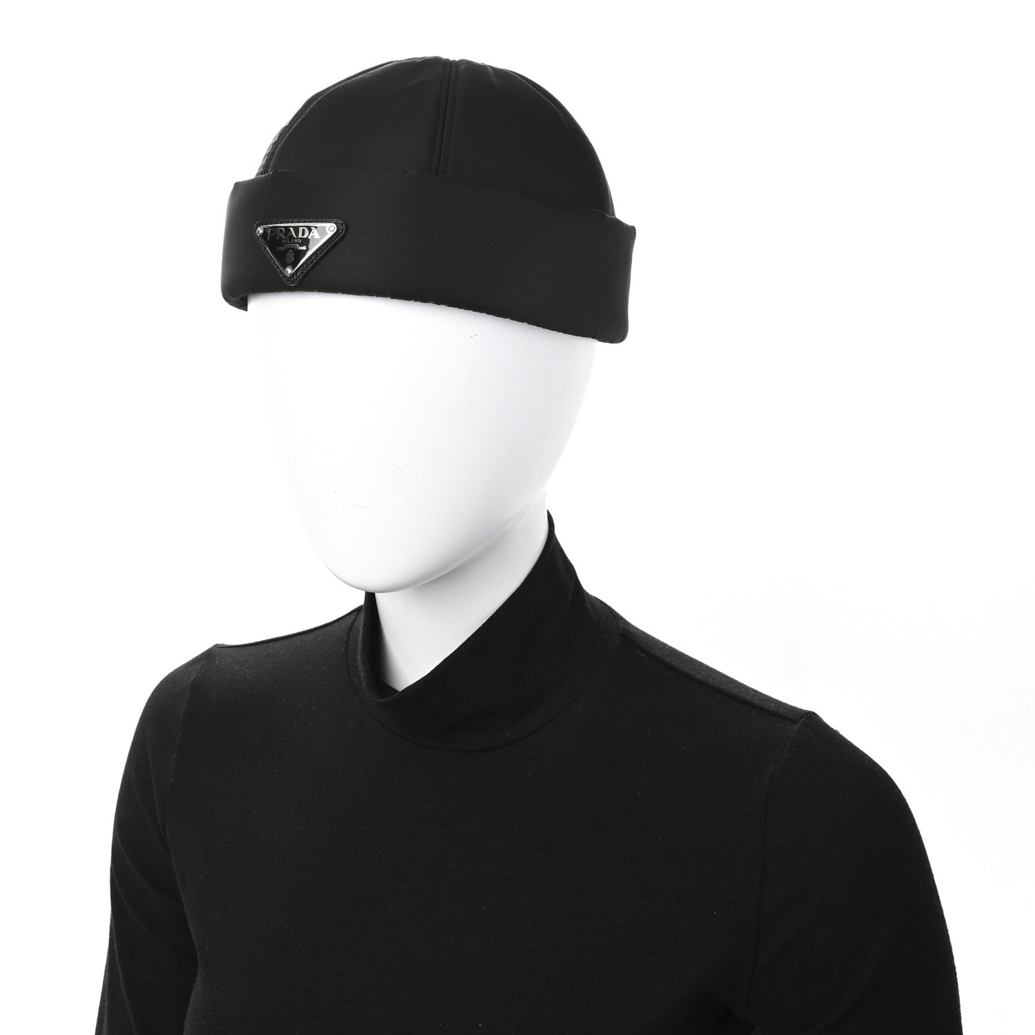 Prada Re-Nylon Padded Metal Triangle Logo Mens Beanie M Black 2 of 9