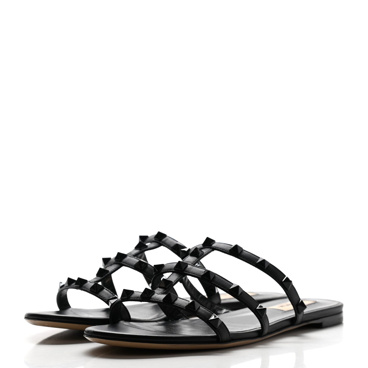 Nappa Monochrome Rockstud Caged Flat Slide Sandals 37 Black
