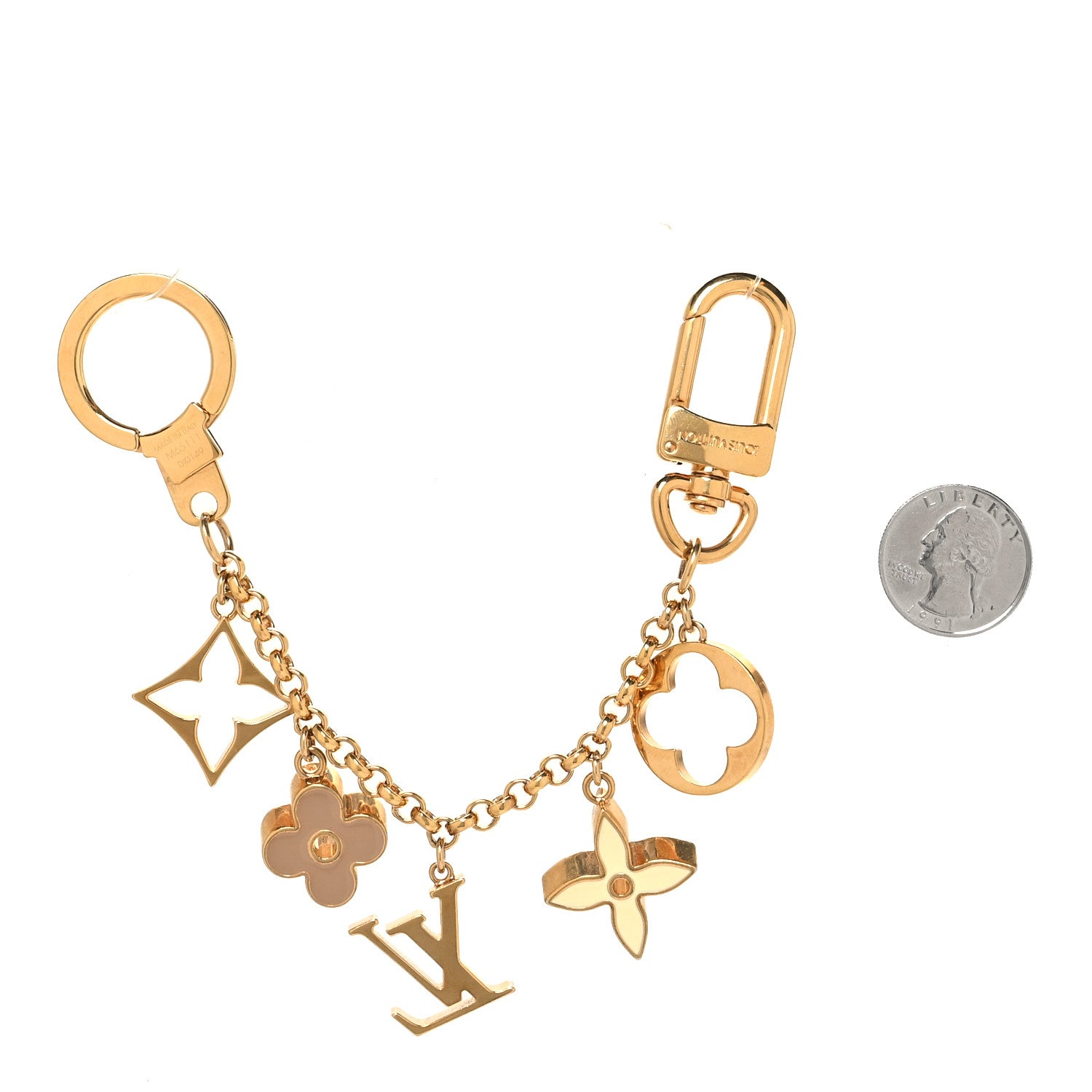 Louis Vuitton Brass Enamel Fleur De Monogram Bag Charm Chain Gold 2 of 4