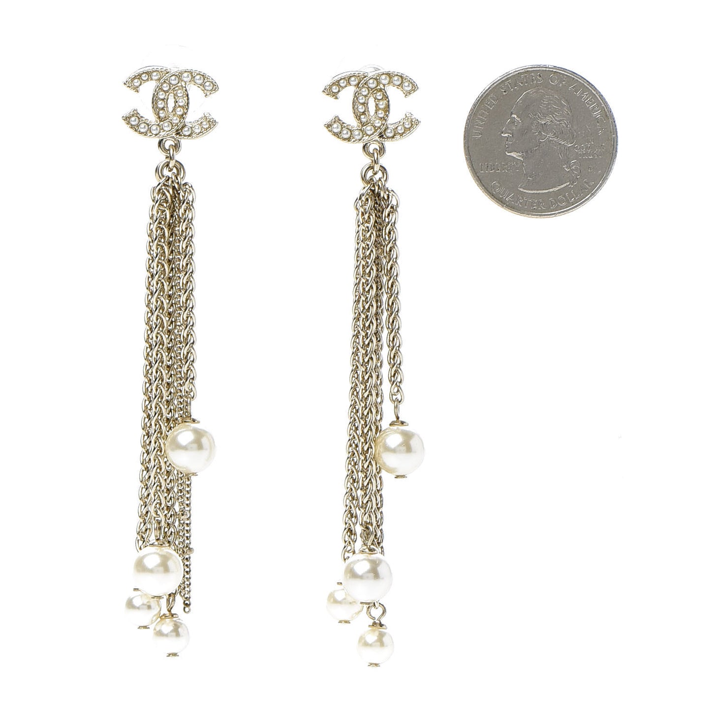 Pearl Chain CC Dangle Earrings Gold