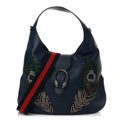 Gucci Calfskin Crystal Feather Embroidered Large Dionysus Hobo Dark Blue 1 of 14