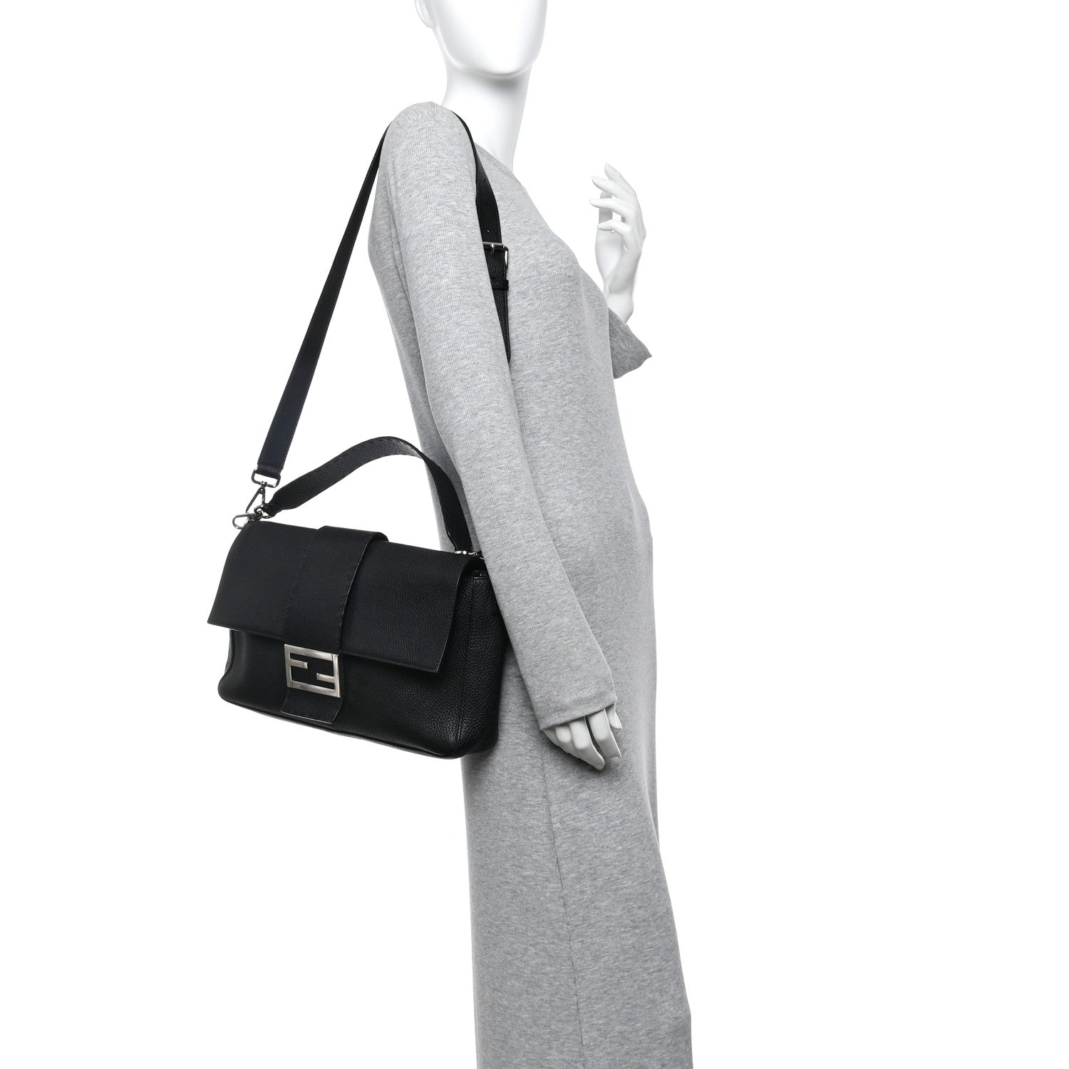 Fendi Cuoio Romano Selleria Large Convertible Baguette  Black 2 of 12