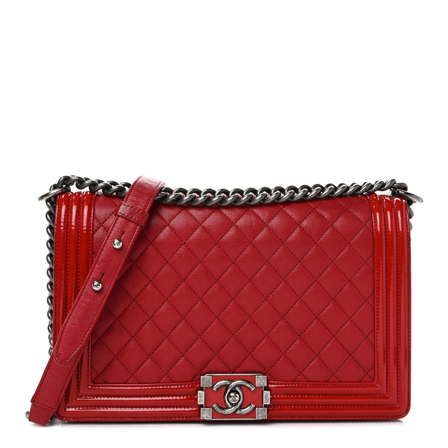 Patent Goatskin Quilted New Medium Boy Flap Red