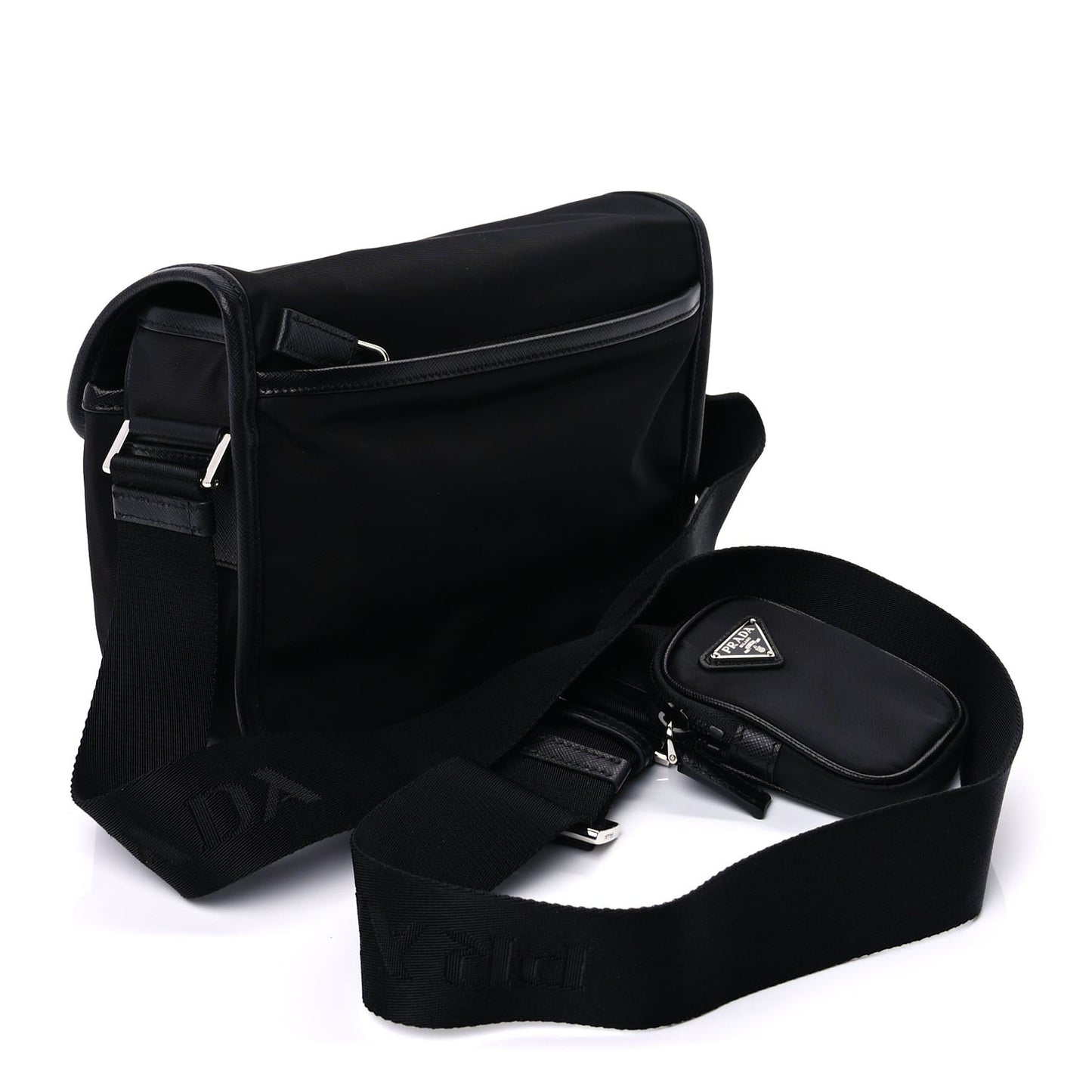 Re-Nylon Saffiano Pocket Double Snap Buckle Shoulder Bag Black