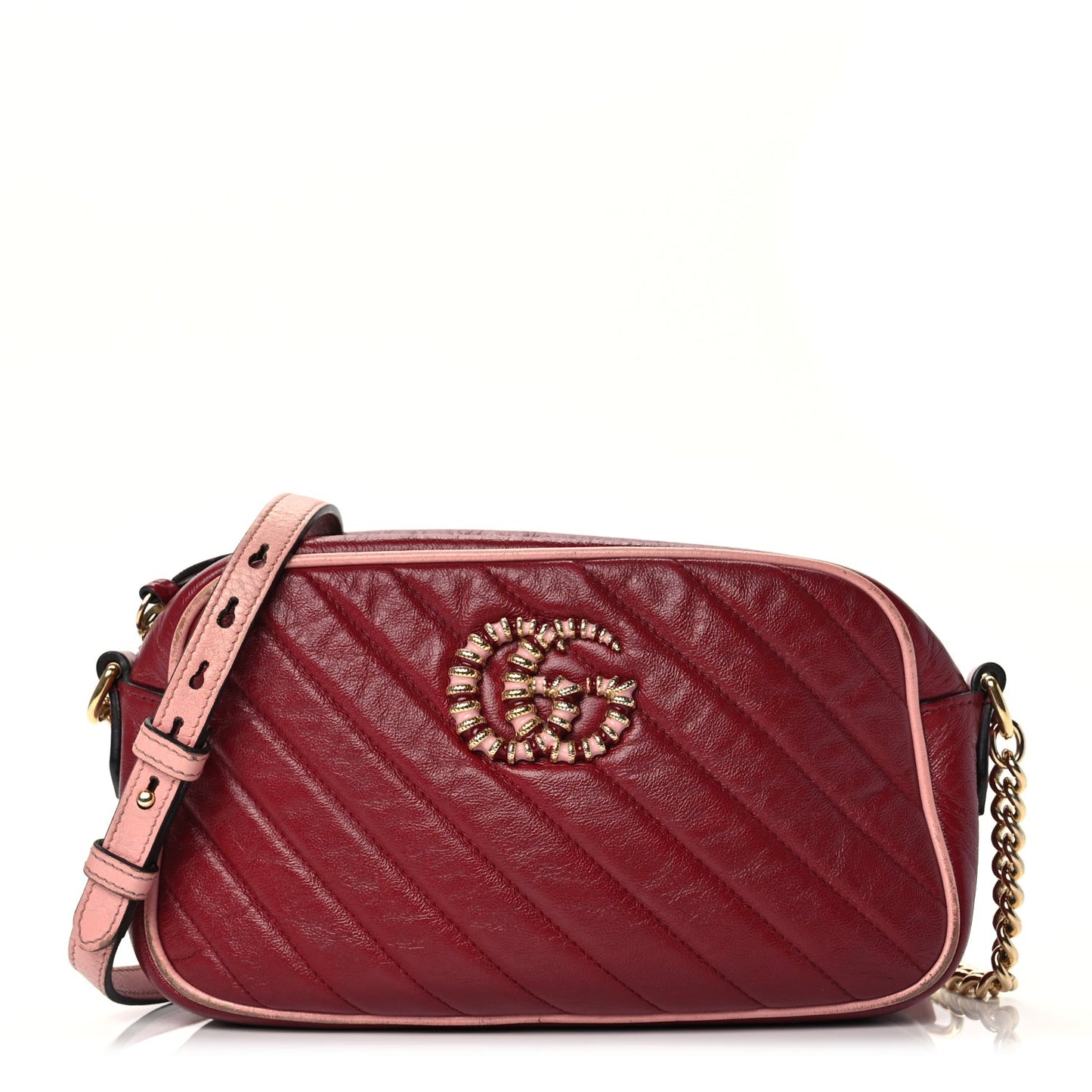 Azalea Calfskin Enamel Matelasse Diagonal Small Torchon GG Marmont Chain Shoulder Bag New Cherry Red Wild Rose