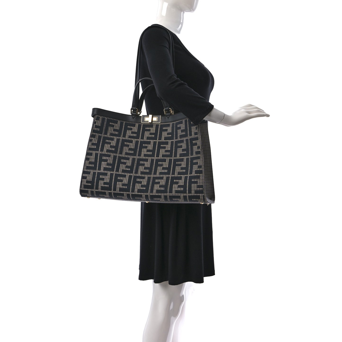 Wool Vitello King Houndstooth FF Embroidered Medium Peekaboo X-Tote Grigio Anthracite