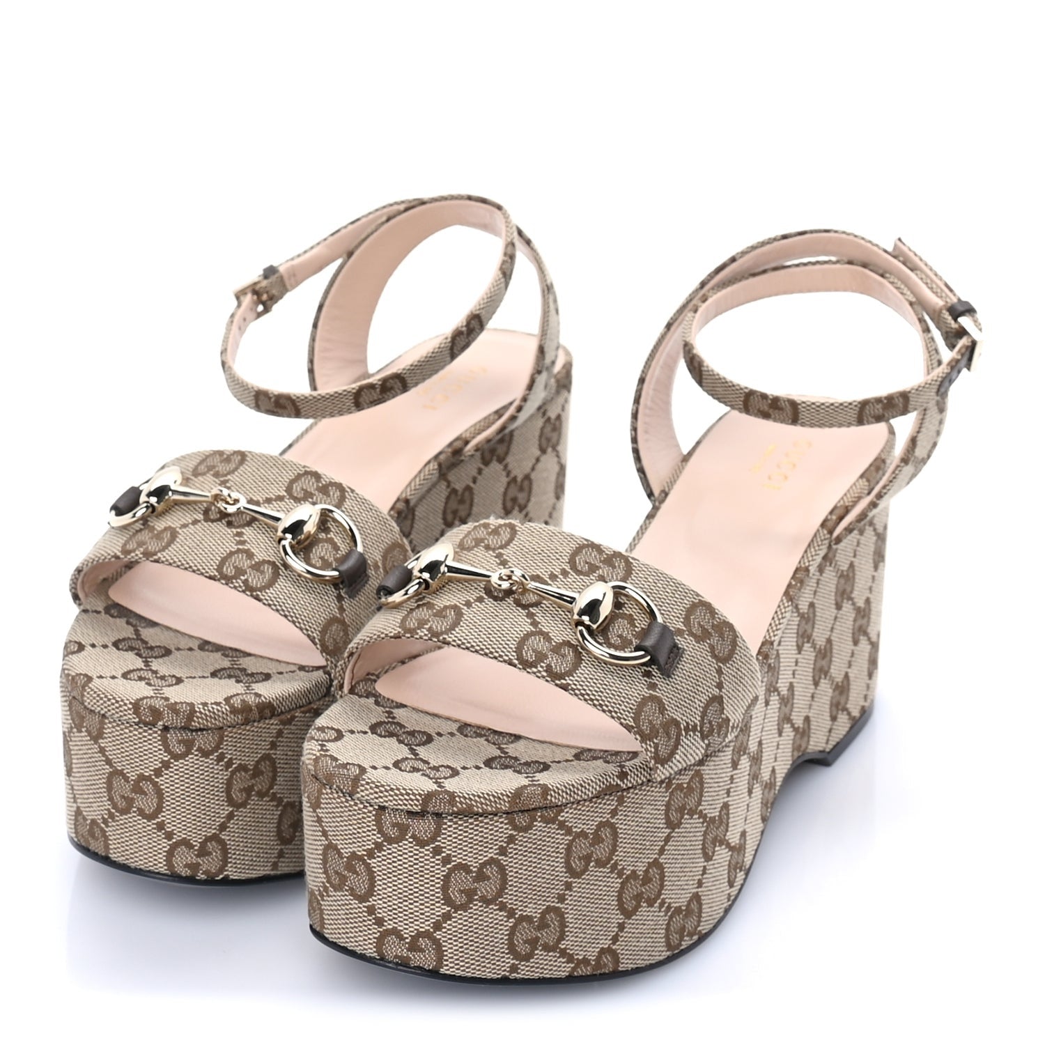 Gucci Monogram Nappa Chalotte Horsebit Ankle Strap 75mm Flatform Sandals 37.5  Beige Ebony 2 of 7