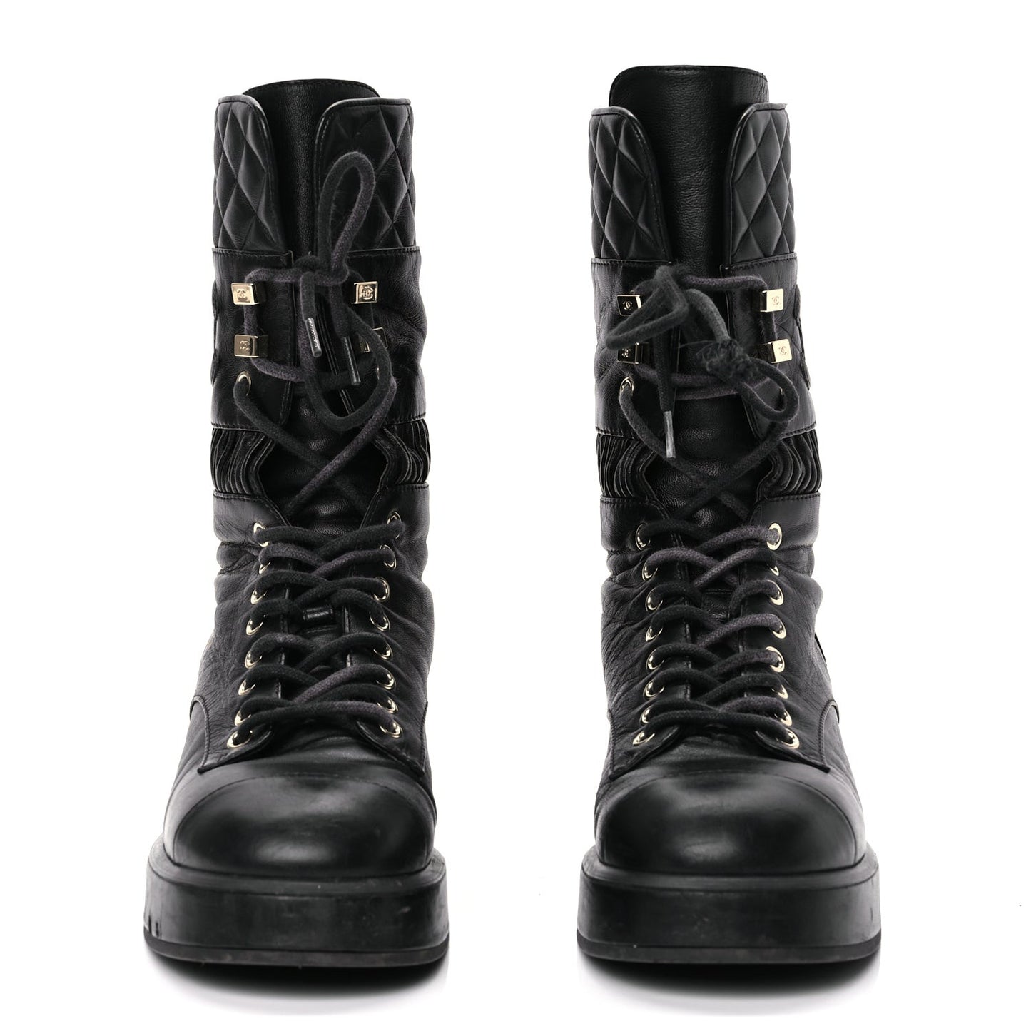 Lambskin Quilted Lace Up Combat Boots 37 Black