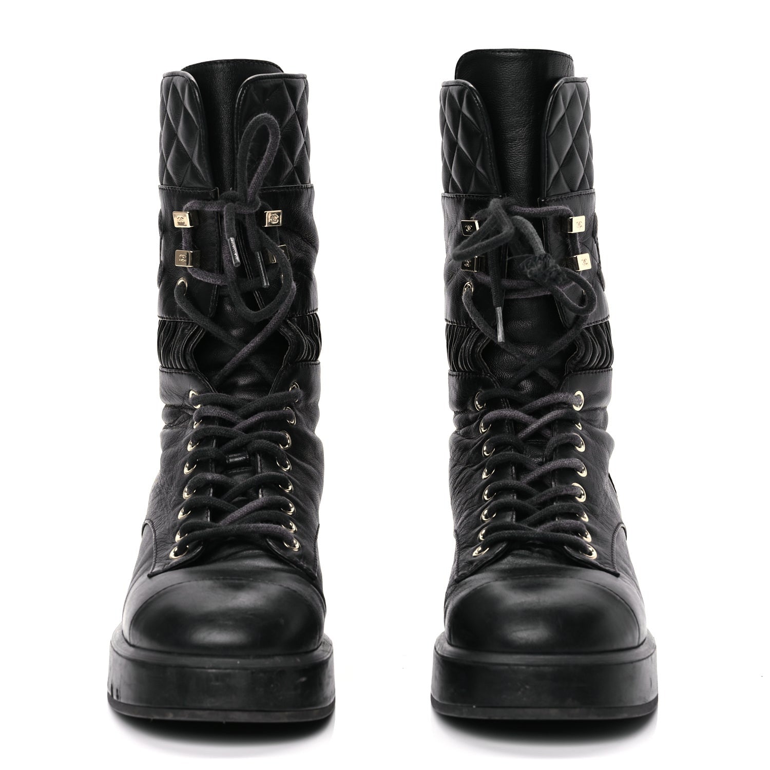 Chanel Lambskin Quilted Lace Up Combat Boots 37 Black 2 of 12