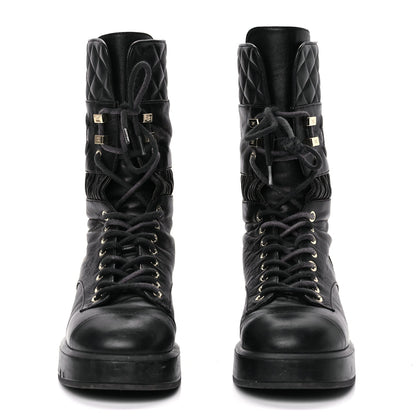 Chanel Lambskin Quilted Lace Up Combat Boots 37 Black 2 of 12