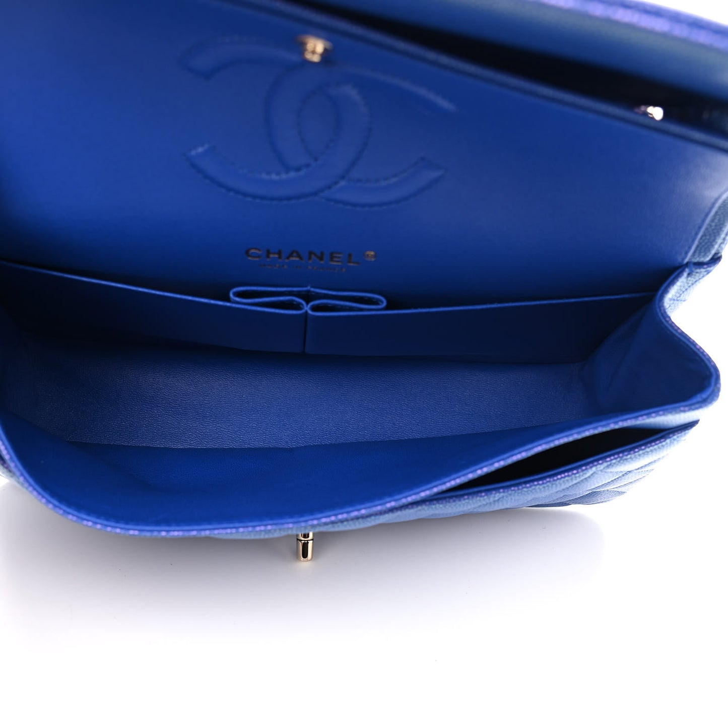 Iridescent Caviar Quilted Medium Double Flap Blue