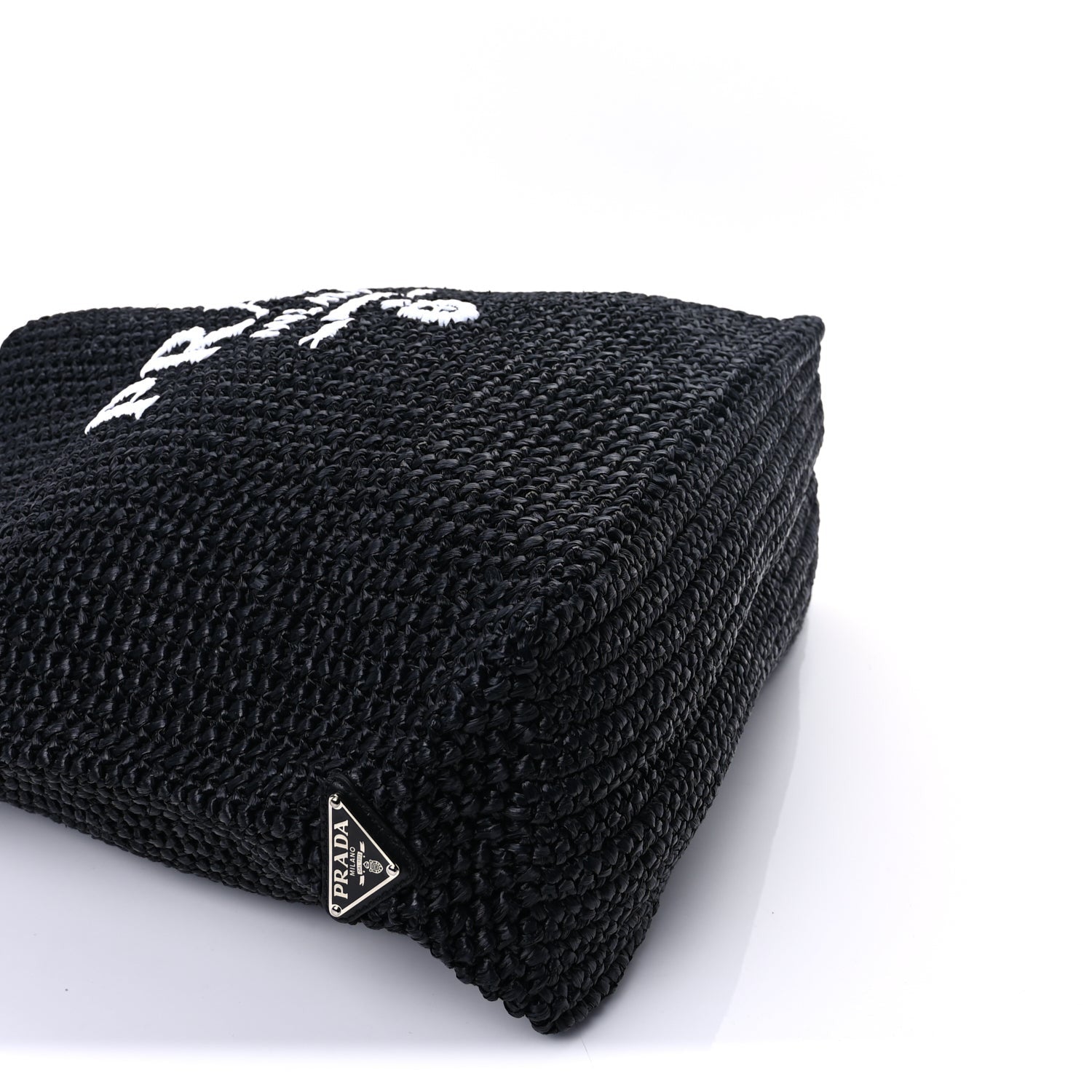Prada Yarn Raffia Effect Crochet Large Logo Tote  Black 7 of 8