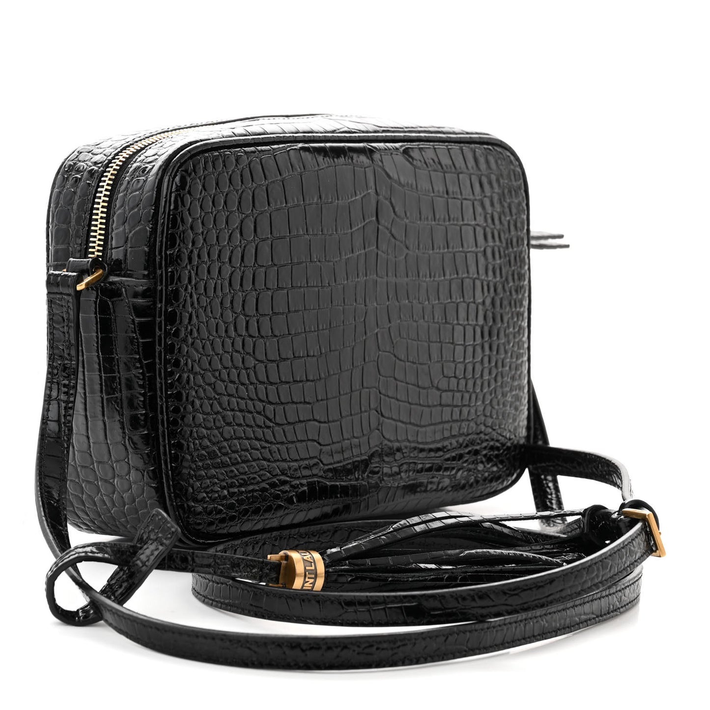 Patent Calfskin Crocodile Embossed Monogram Lou Camera Bag Black
