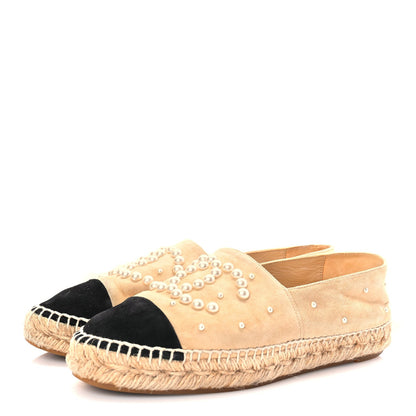 Chanel Suede Pearl CC Espadrilles 37 Beige Black 7 of 12