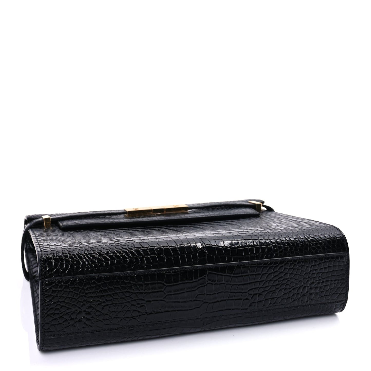 Shiny Calfskin Crocodile Embossed Manhattan Baguette Black Black