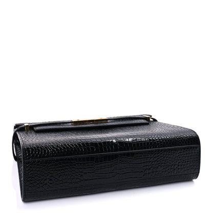 Saint Laurent Shiny Calfskin Crocodile Embossed Manhattan Baguette Black Black 3 of 7