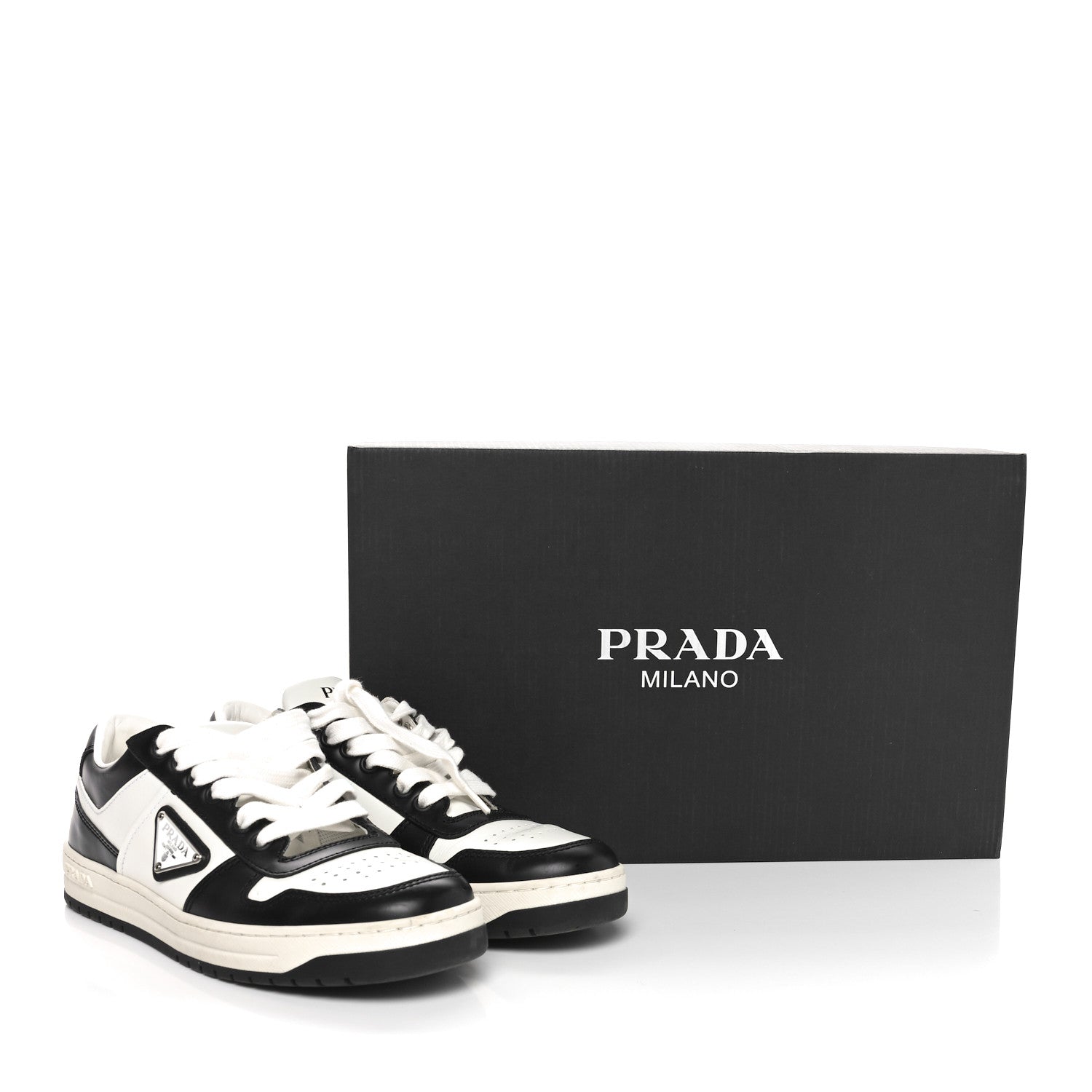 Prada Vitello Sport Spazzolato Rois Triangle Logo Womens Downtown Low Top 30mm Sneakers 37.5 White Black 9 of 9