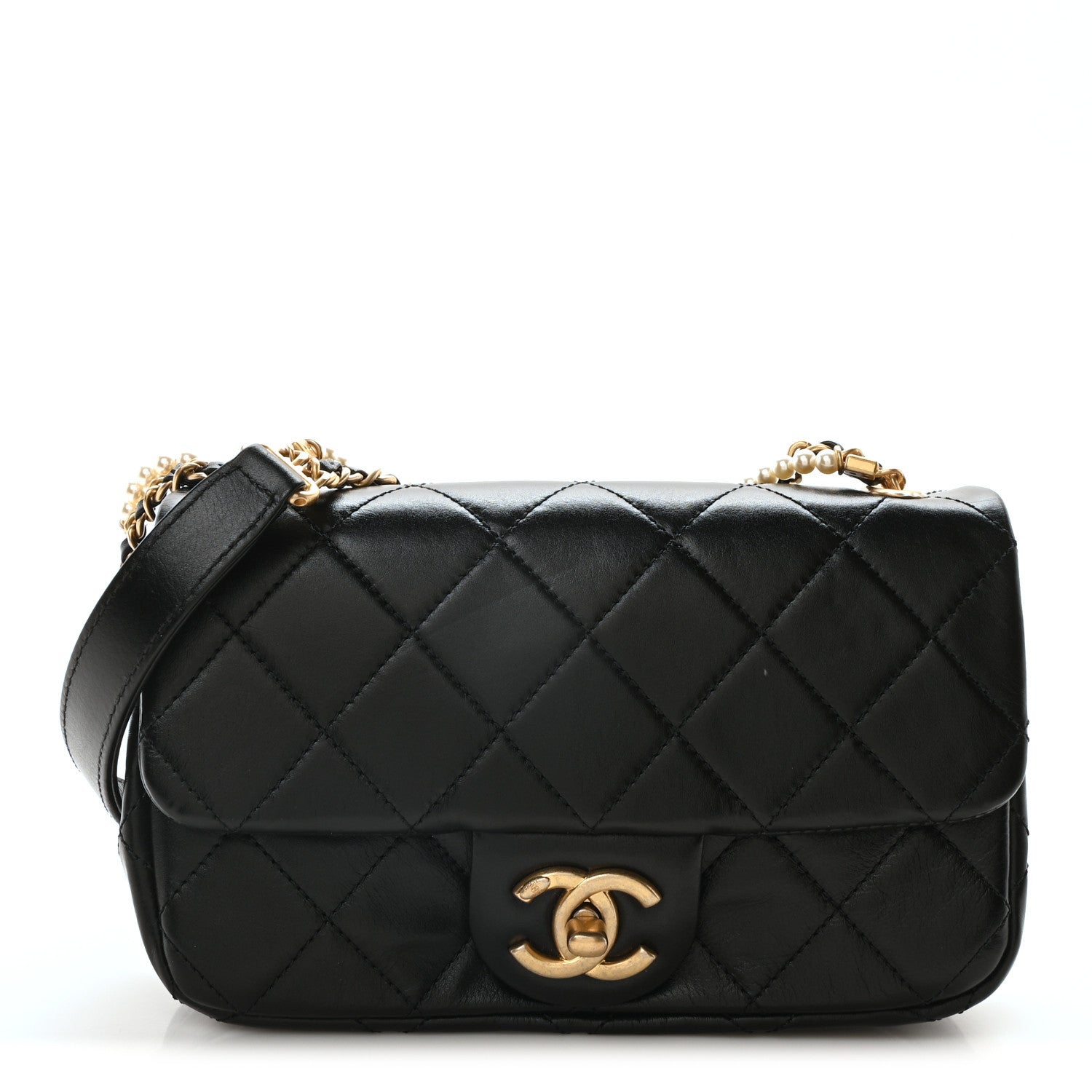 Chanel Calfskin Quilted Mini Rectangular Crystal Pearls Chain Flap Black 1 of 11