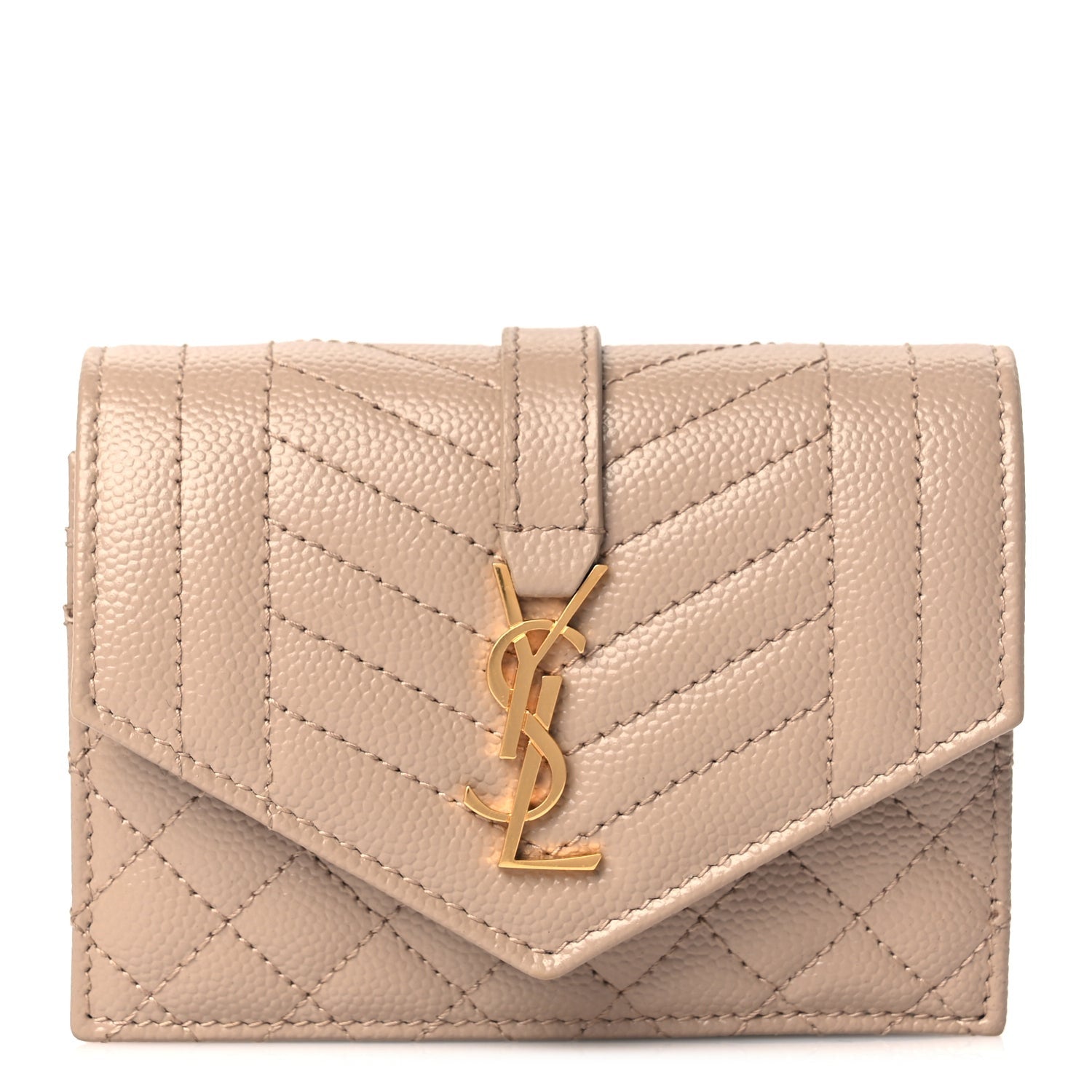 Saint Laurent Grain De Poudre Mixed Matelasse Triquilt Monogram Compact Tri Fold Wallet Dark Beige 1 of 6