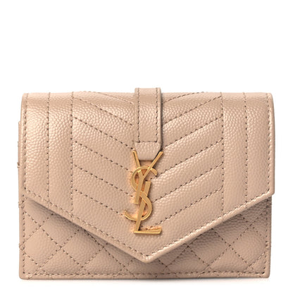 Saint Laurent Grain De Poudre Mixed Matelasse Triquilt Monogram Compact Tri Fold Wallet Dark Beige 1 of 6